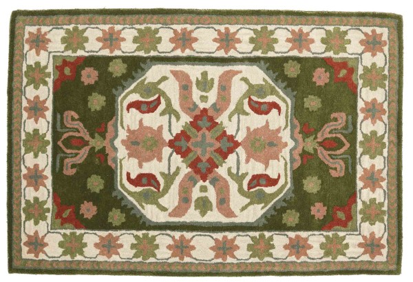 Short pile wool carpet Heriz 120x180 green medallion handmade handtuft modern