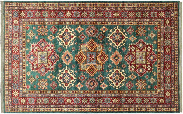Afghan Kazak Fine Teppich 170x230 Handgeknüpft Grün Geometrische Wolle Kurzflor Rug
