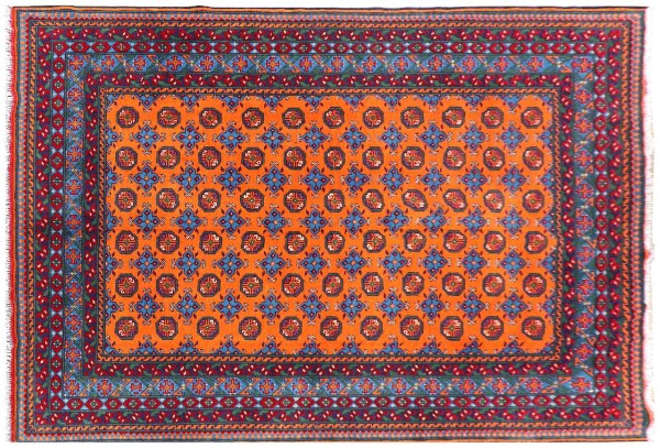 Afghan Aqcha Teppich 200x300 Handgeknüpft Orange Durchgemustert Orient Kurzflor