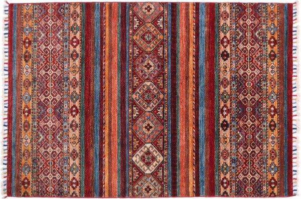 Afghan Ziegler Khorjin Rug 100x150 Hand Knotted Orange Stripes Orient Short Pile