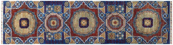 Afghan Ziegler Mamluk Teppich 80x300 Handgeknüpft Läufer Blau Durchgemustert Orient