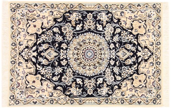 Persian carpet Nain 9LA 60x90 hand-knotted dark blue medallion oriental UNIKAT