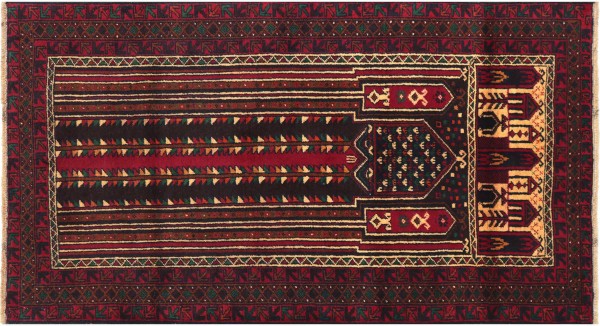 Afghan Jay e Namaz Baluch Rug 90x150 Hand Knotted Red Geometric Orient Short Pile