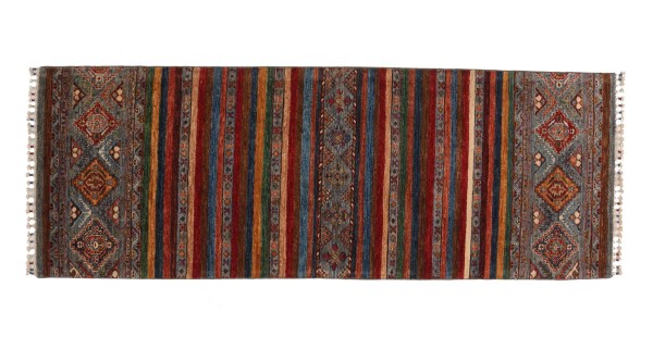 Khorjin Shaal Teppich 80x220 Handgeknüpft Läufer Blau Umrandung Orientalisch UNIKAT