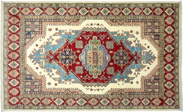 Afghan Kazak Fine Teppich 160x240 Handgeknüpft Beige Geometrische Wolle Kurzflor Rug