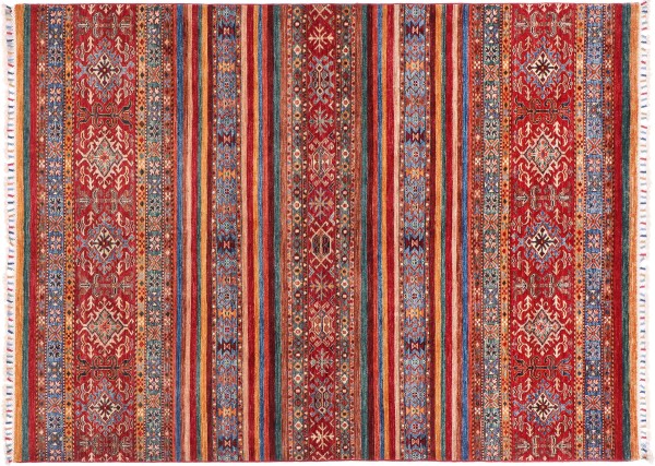 Afghan Ziegler Khorjin Rug 170x240 Hand Knotted Red Stripes Orient Short Pile