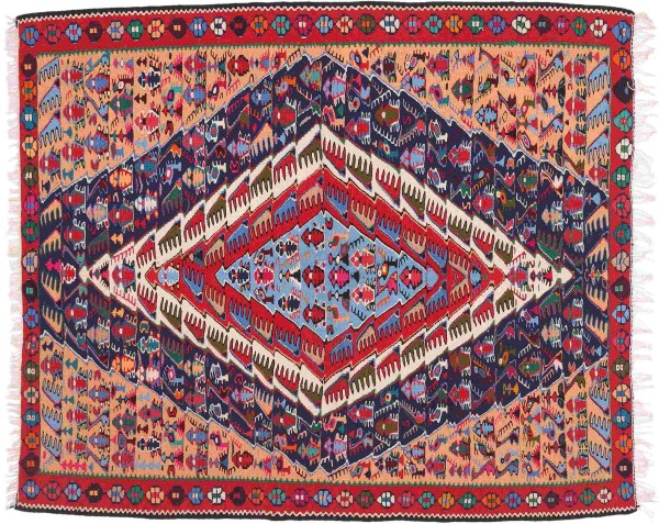 Persian carpet Kelim Sanandaj 130x150 Handwoven Square Beige Geometric